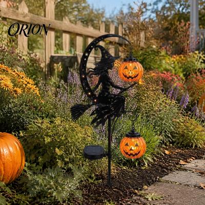 Różdżki Ogrodowe Czarownicy i Dyni, Zasilane Słońcem, Halloweenowe Wbijane w Ziemię Lampki, Metalowa Miotła, Księżyc, Ogrodowe na Jesienny Festiwal, Rzeźba Dekoracyjna Zewnętrzna