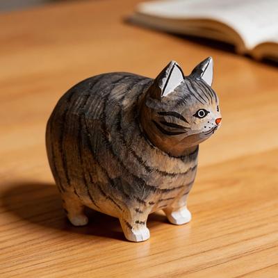 Cute Handmade Wooden Tabby Ginger Cat Figurine Carving Ornament Home Desktop Car Statue Kitten Office Decor Decorative Wooden
