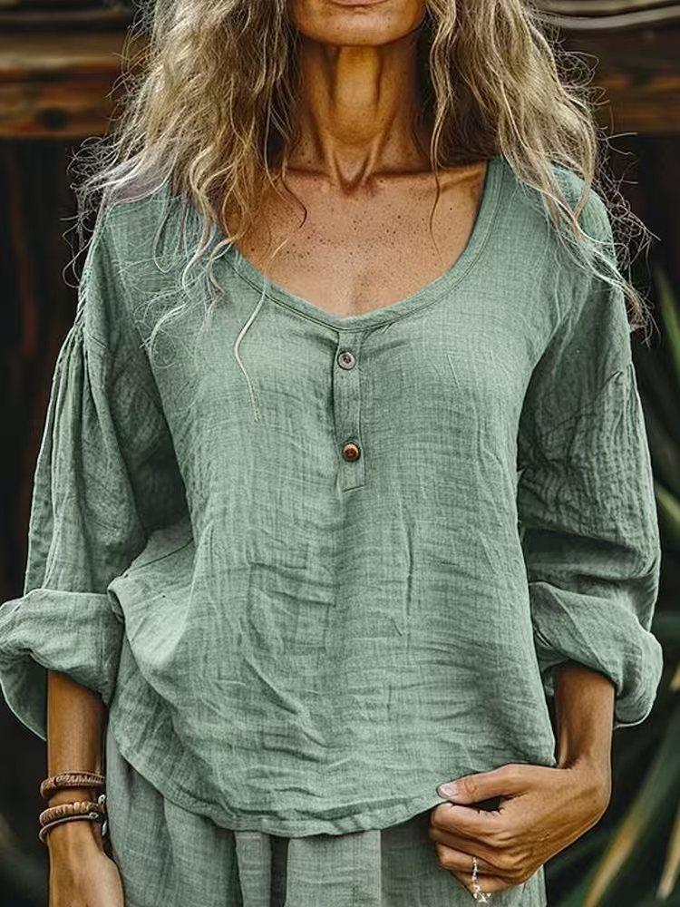Women s Round Neck Long Sleeve Solid Linen Blend Henley Shirt Regular Fit Vintage Casual Blouse S светло-зеленый