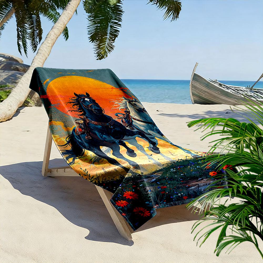Galloping under golden skies Print beach towel, quick drying, suitable for travel, outdoor sports, jogging, the beach and swimming, gift