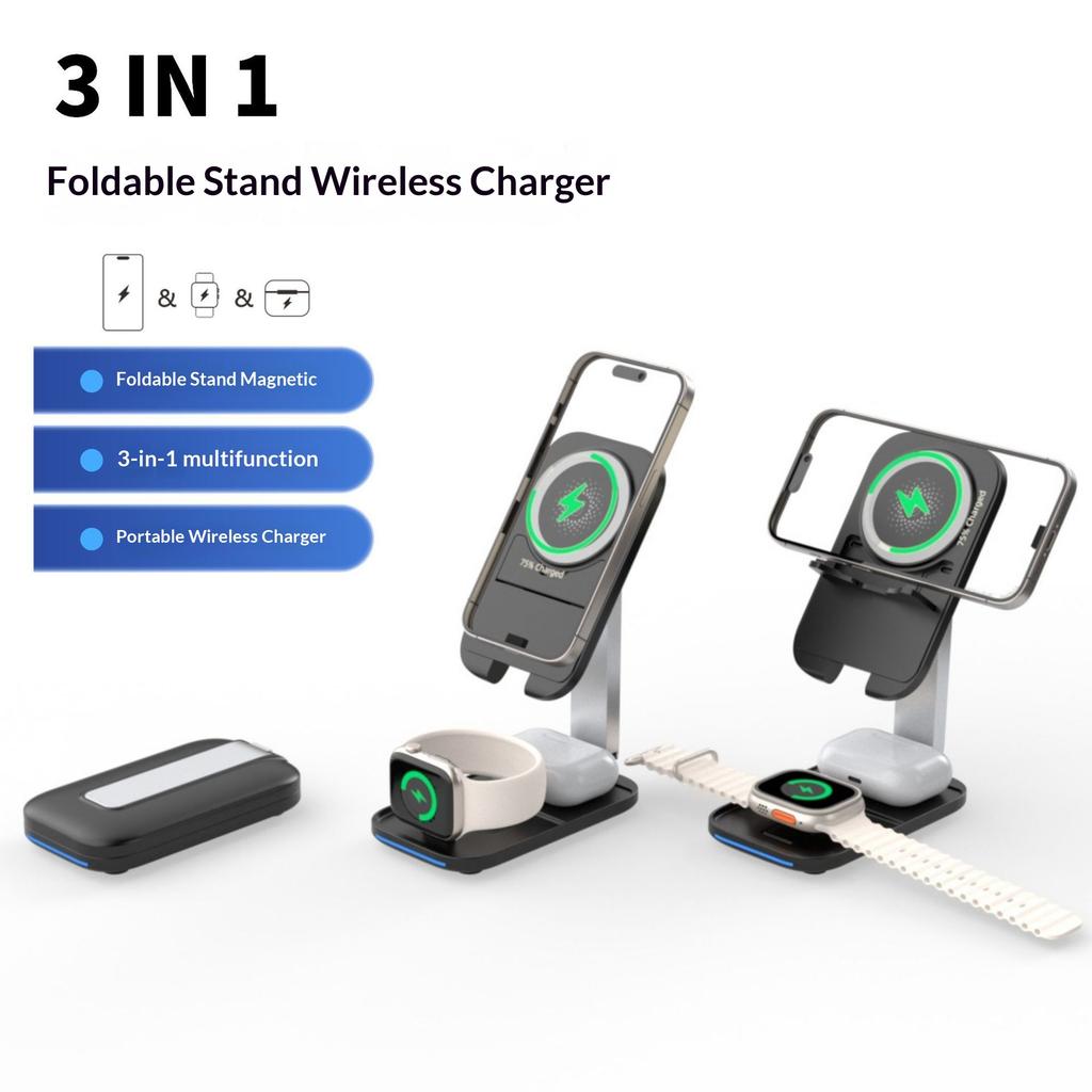 P16 3 in 1 Magnetic Wireless Charging Stand Foldable 15W Fast Charger for Phone/Smart Watch/Earbuds