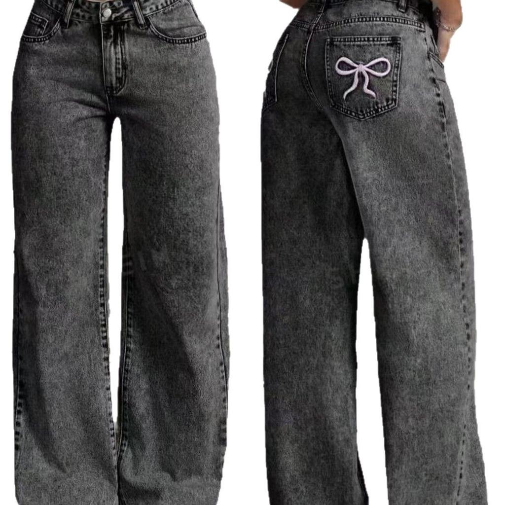 Women Black Y2K Style Fringed Embroidery Pattern Denim Straight-leg Pants with A Comfortable Fabric and Full Elastic Waist