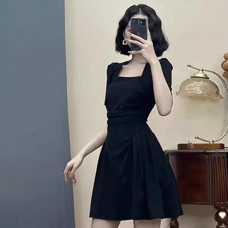 Square Collar Temperament New Niche Design Sense Pear Shape Large Size Sweet Spicy Pure Dress Women's Summer Black
