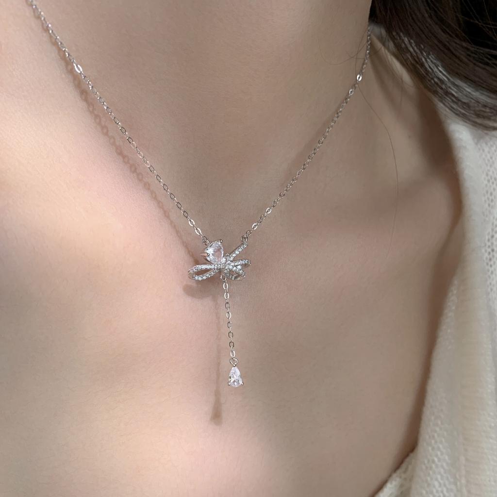 S999 Reinsilber Herz Knoten Quaste Wassertropfen Halskette Damen Sterlingsilber Leichter Luxus Minderheit Hochwertig Schlüsselbeinkette Damen