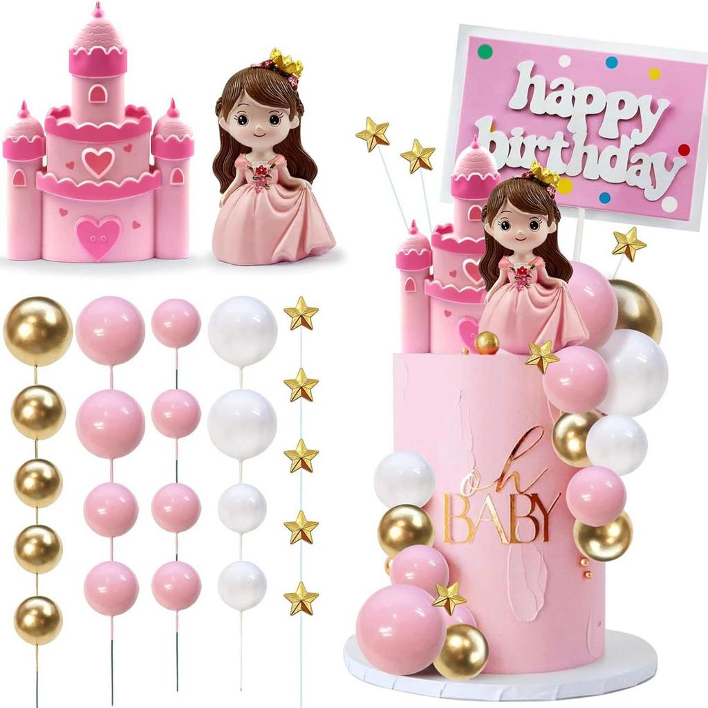 Pink Castle Princess Cake Topper with Stars - Perfect for Girls' Birthday Parties