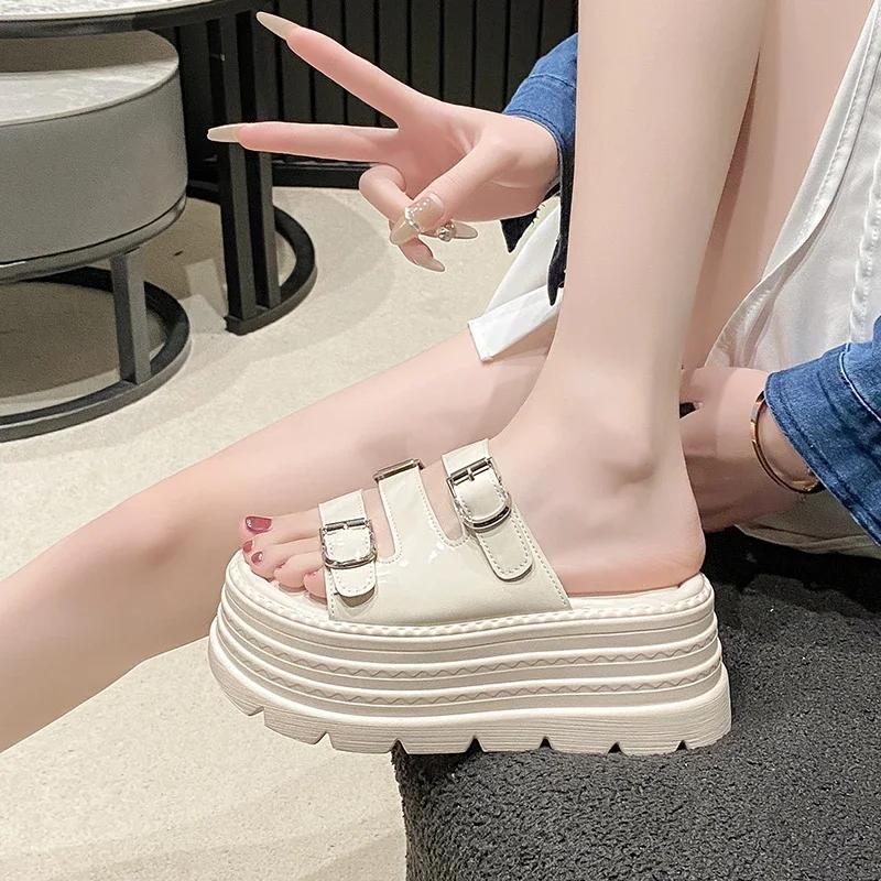 Fashion 8.5cm Microfiber Synthetic Leather Flats Summer Outside Peep Toe Fashion Women Sandal Slippers Pumps High Platform Wedge Shoes