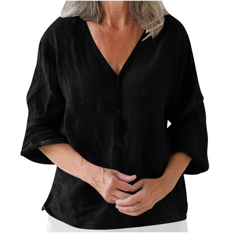 QICED Women's Fashion Casual Solid Color Print 3/4 Sleeves V Neck Blouses & Shirts