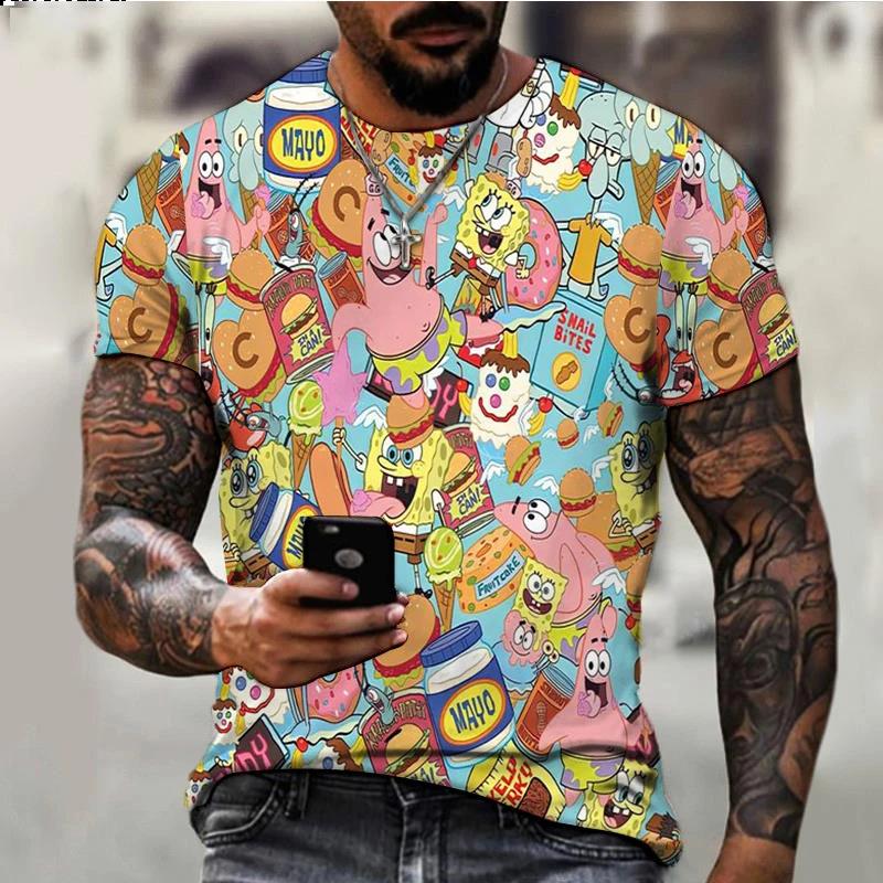 Letní Pánská Trička s Krátkým Rukávem s 3D Kresleným Potiskem Spongeboba s Kulatým Výstřihem