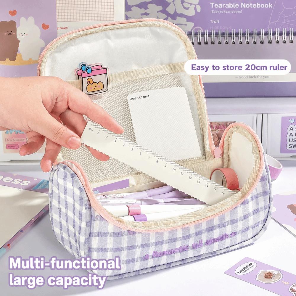 Gingham Print Stationery Bag Bow Handle Pencil Pouch Multi-Functional Pencil Case  Students