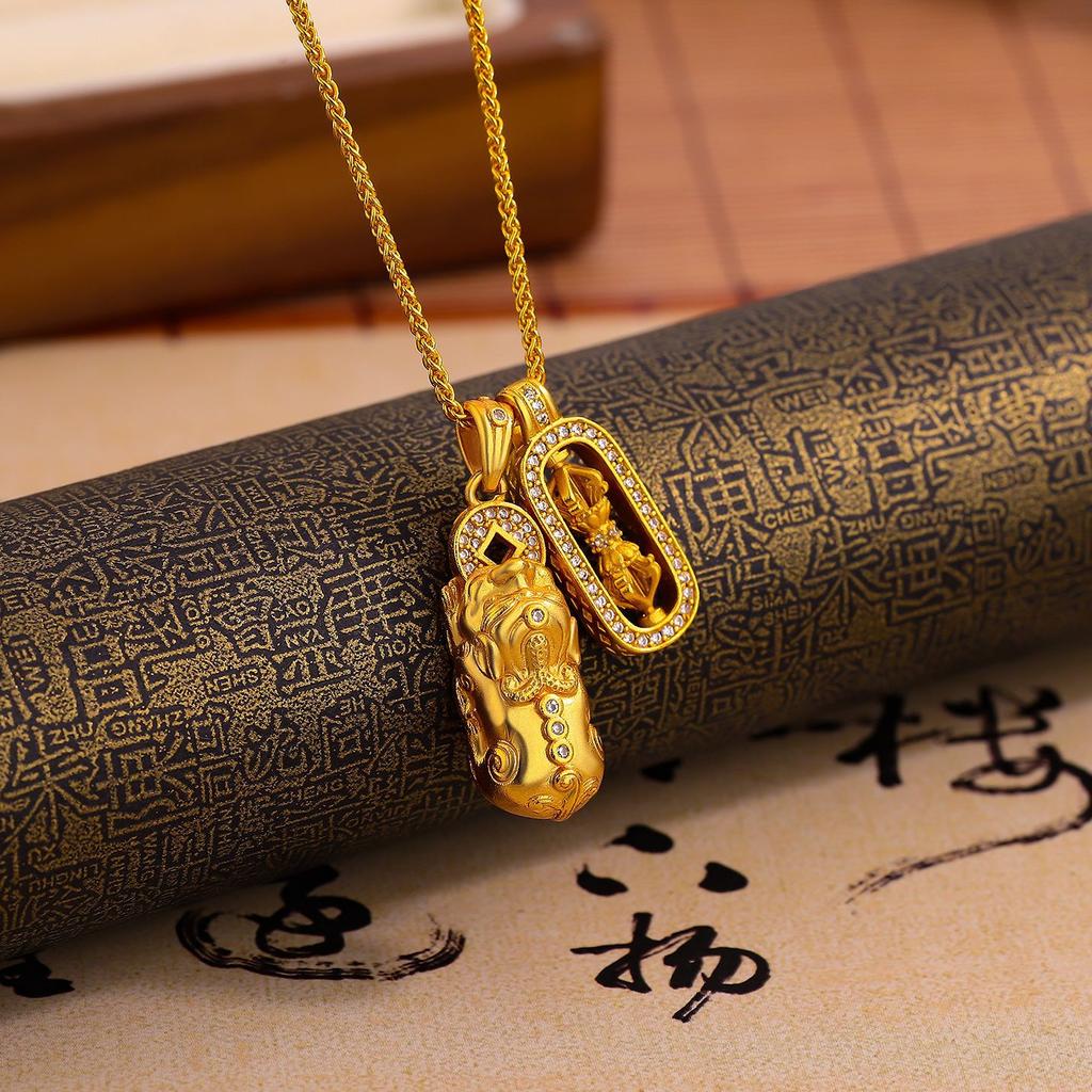 Pixiu Vajra Pestle Pendant Necklace Fashionable New Chinese Ancient Sand Gold Design Advanced Sense Stacked Collarbone Chain