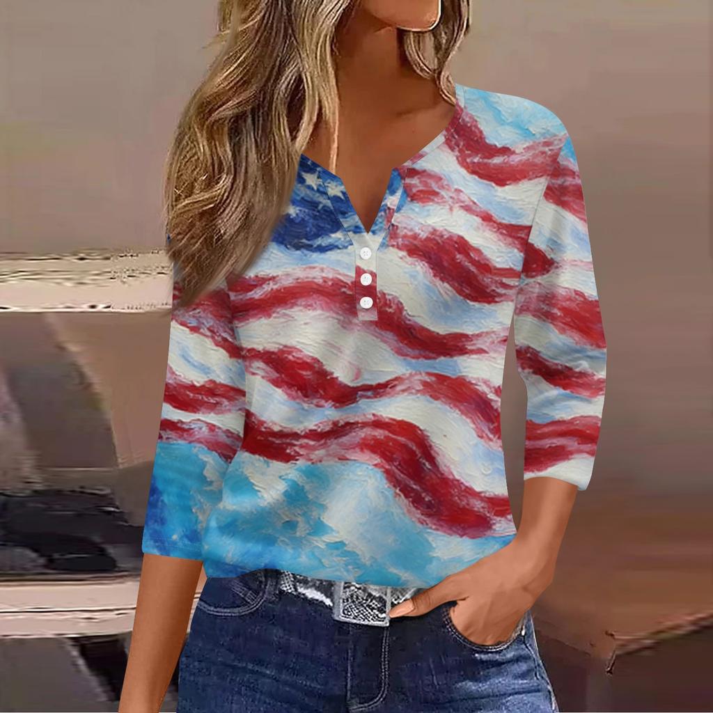 Women's Fashion Casual Independence Day American Flag Stars and Stripes Print Collar V-Neck Three-Quarter Sleeve Decorative Button-Up T-Shirt Top