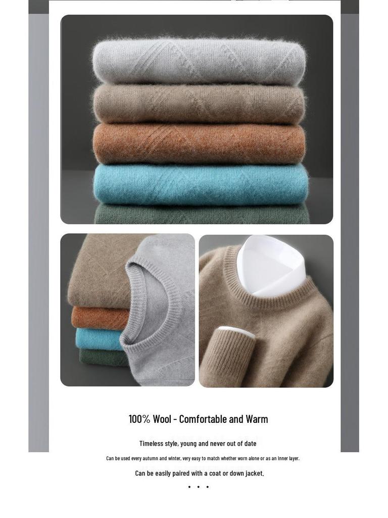 Men's Diamond Jacquard Pure Wool Pullover - Thick, Soft, and Smooth Round Neck Sweater for Autumn/Winter 2025.