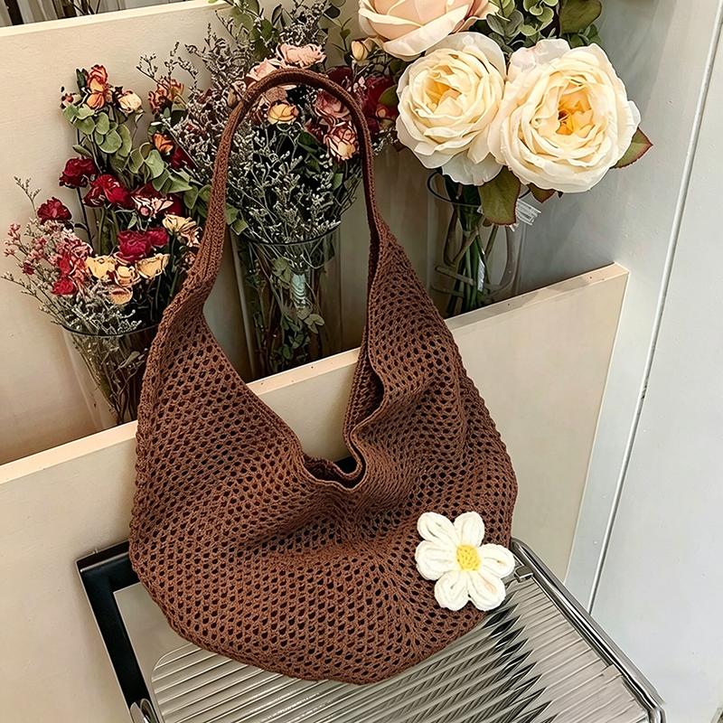 Women's Casual Hollow Out Wicker Woven Ladies Handmade Totes Bag Large Capacity Summer Beach Floral Decor Female's Shoulder Bag