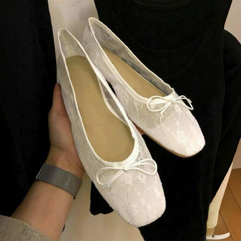 

Leather Korean mesh lace bow ballet shoes women s 2025 spring and summer versatile square head shallow mouth flat shoes 40 белый