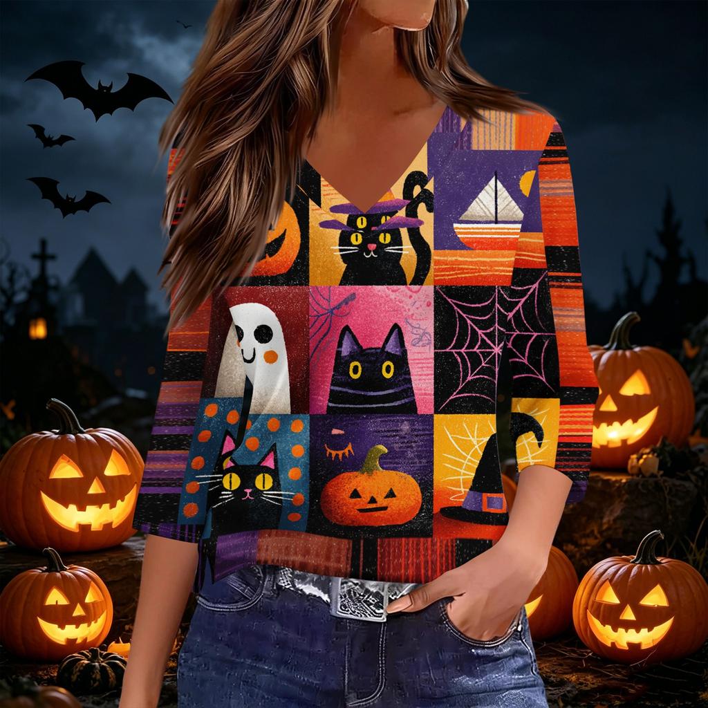 Women's Casual Halloween Print V Neck Top Three Quarter Sleeve Lightweight Blouse for Seasonal Wear