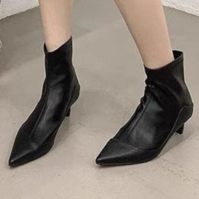 Bottines Pointues Françaises pour Femmes 2025 Printemps et Automne Nouveaux Talons Bas Mode Cuir Souple Polyvalentes Bottines Nues