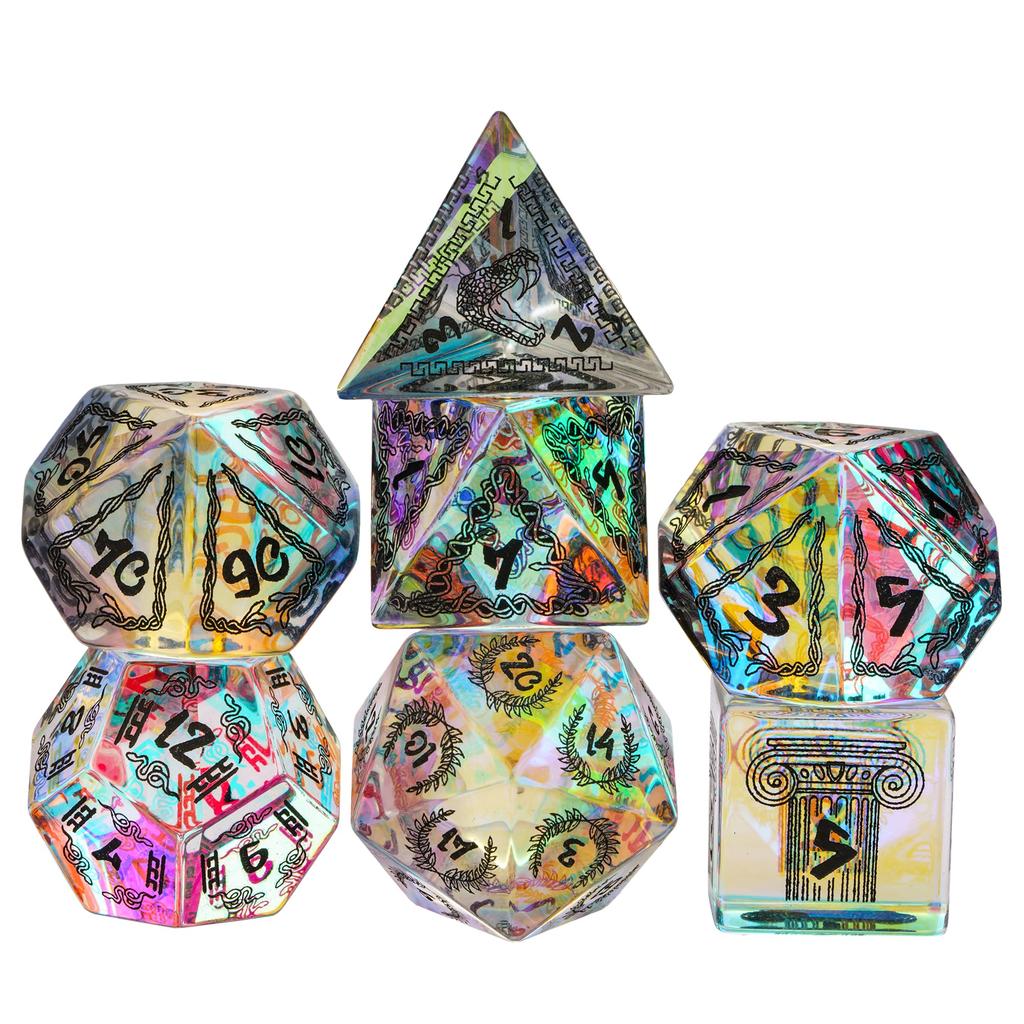 Cusdie Kleurrijke Glazen DND Dobbelstenen 7 Bliksem Edelsteen Dobbelstenen Handgemaakte Polyhedrale Dobbelstenen Set met Lederen Hoesje voor RPG Collectie Cadeau