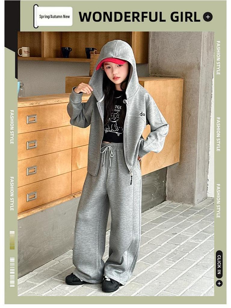 Modny zestaw kurtki z kapturem i spodni z prostymi nogawkami dla dziewcząt - Kolekcja Jesień 2025 dla starszych dzieci