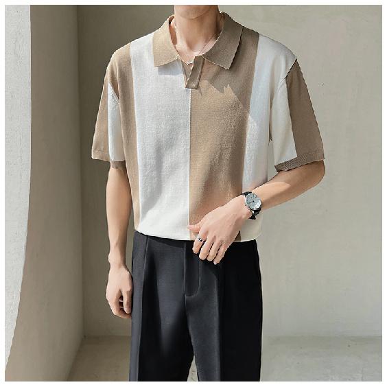 Summer Casual Loose Trendy Men's Short Sleeve Polo Shirt Trendy Gray and White Color Block Turn-down Collar Breathable Men's Knit Shirt