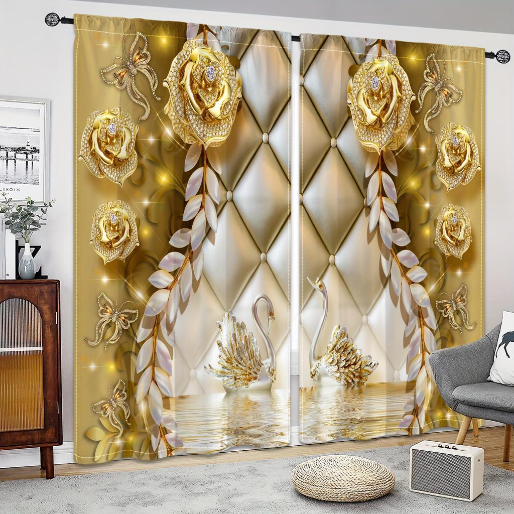 2 Panels/Set Luxury Gold Rose Flower Butterfly Swan Classical Window Treatment Jacquard Curtains For Living Room Bedroom Kitchen