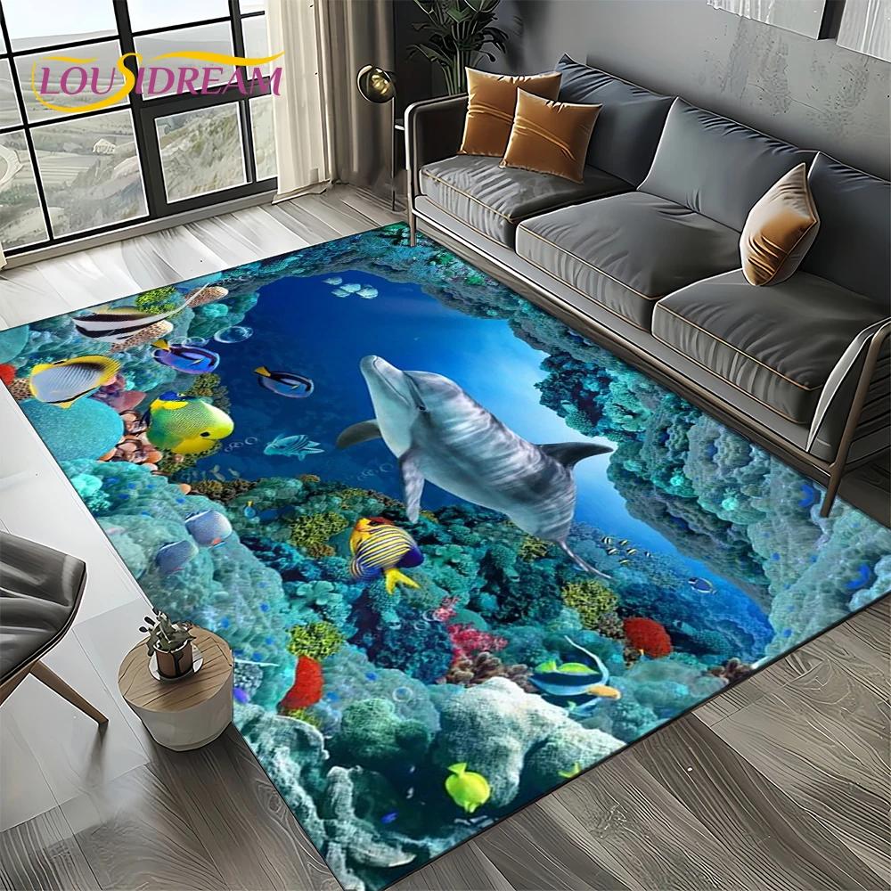 Underwater World 3D Illusion Seabed Cartoon Shark Dolphin Carpet Rug for Living Room Bedroom Home Sofa Decoration,Floor Mat Kid