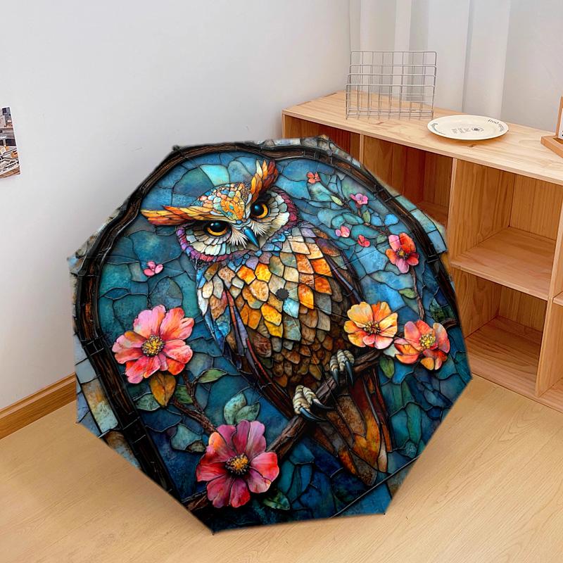 1 PC Automatic Folding Umbrella - Owls and Flowers Pattern, Portable & Foldable Design with 8 Ribs, Christmas Birthday Gifts