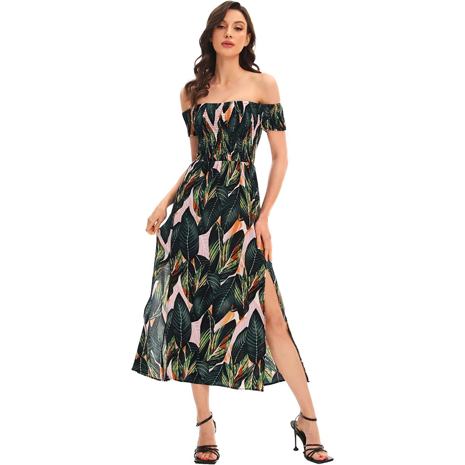 

Женское цельное платье с коротким рукавом и плоским плечом, с пляжным принтом в виде листьев, с разрезом для случая XL зелёный