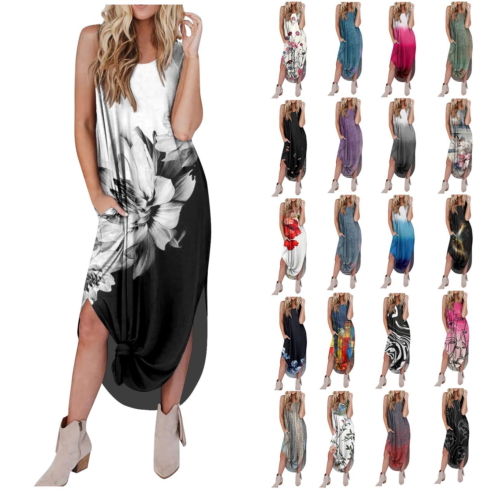 

(Куниде) Женские платья без рукавов, повседневное свободное длинное летнее пляжное платье с разрезом и карманами