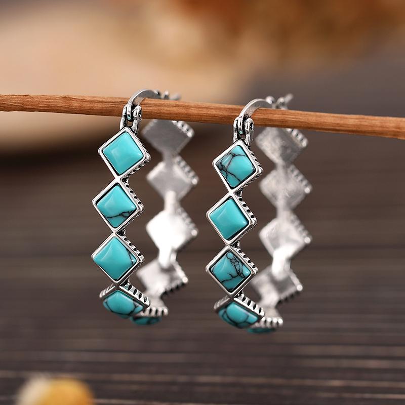 Boho Square Imitation Turquoise Earrings for Women Anti Silver Color Retro Hoop Earrings Anniversary Gift Bohemia Jewelry