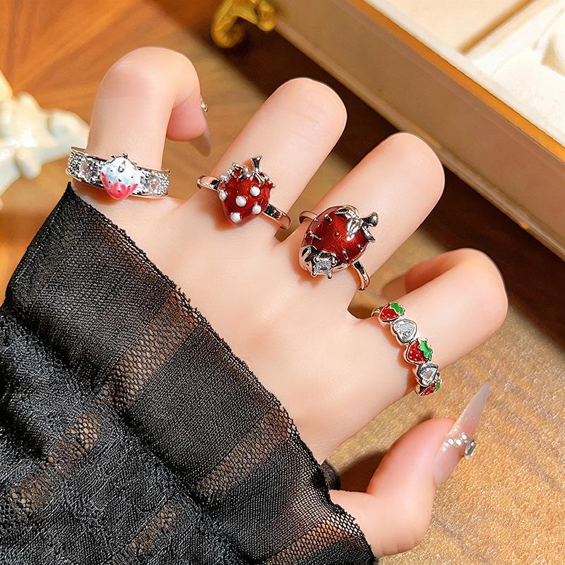 Niche Premium Stack‑Wear Open Ring Vibrant Sweet Girly Fruit Enamel Drop‑Glaze Strawberry Zircon Adjustable Fashion Jewelry