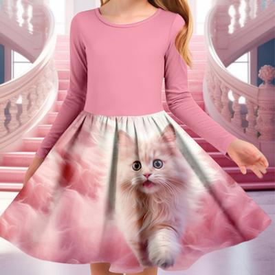 Pavasario mergaitės laisvalaikio 3D miela katės suknelė su apvaliu kaklu ilgomis rankovėmis, vaikiška princesės suknelė