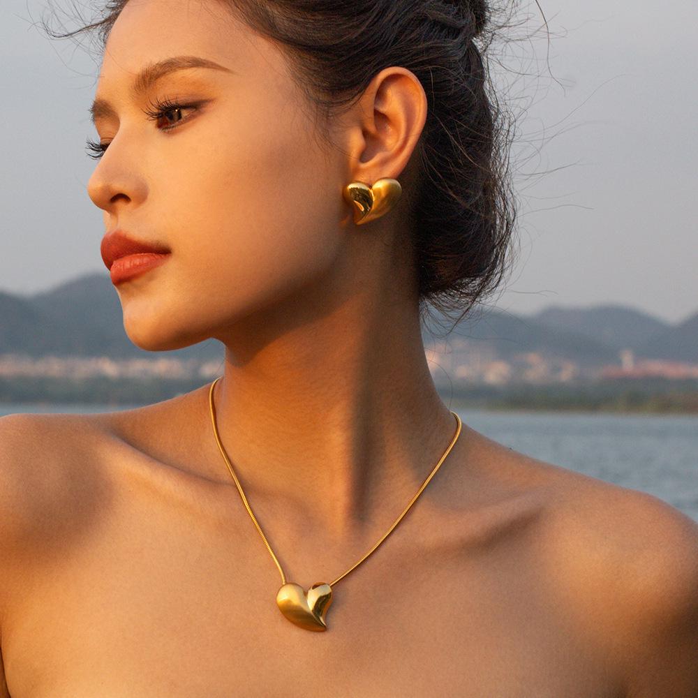 JD 18k Gold & Stainless Steel Pendant Necklace and Earring Set - Smooth & Brushed Design