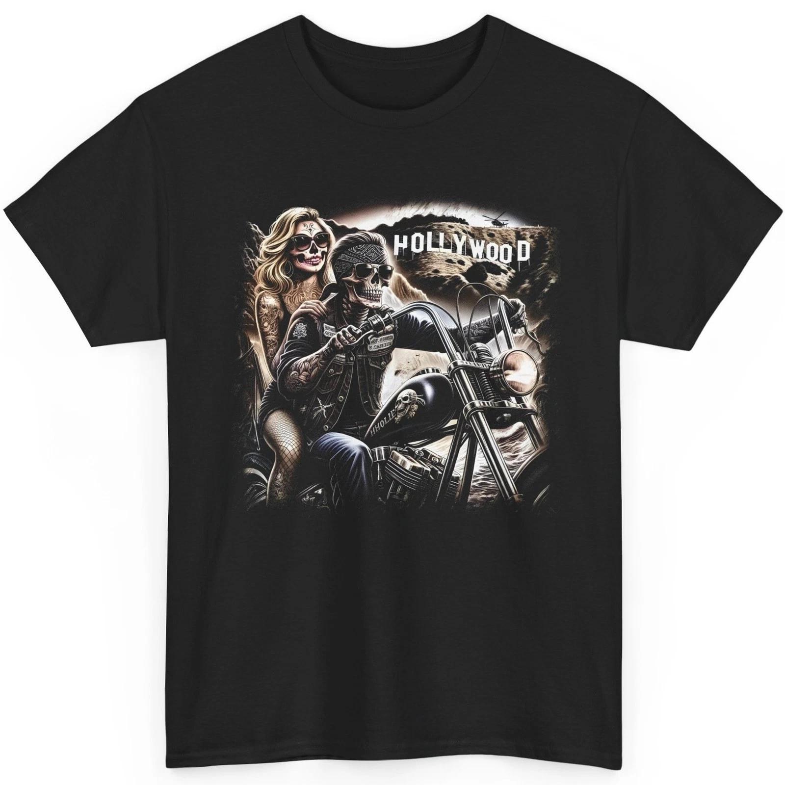 Hollywood Biker T Shirt Couple Graphic Tee Motorcycle California Skeleton Top 2XL