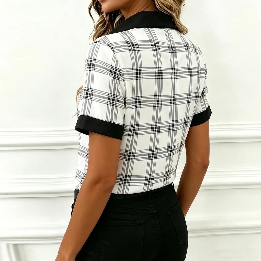 Women's Short Sleeve Button Down Shirt Polka Dot and Stripe Patterned Contrast Placket Casual Blouse Lightweight Breathable Fabric