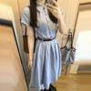 Large Size French Blue Striped Shirt Dress Summer Fat MM Literary Retro POLO Collar Thin Waist Dress