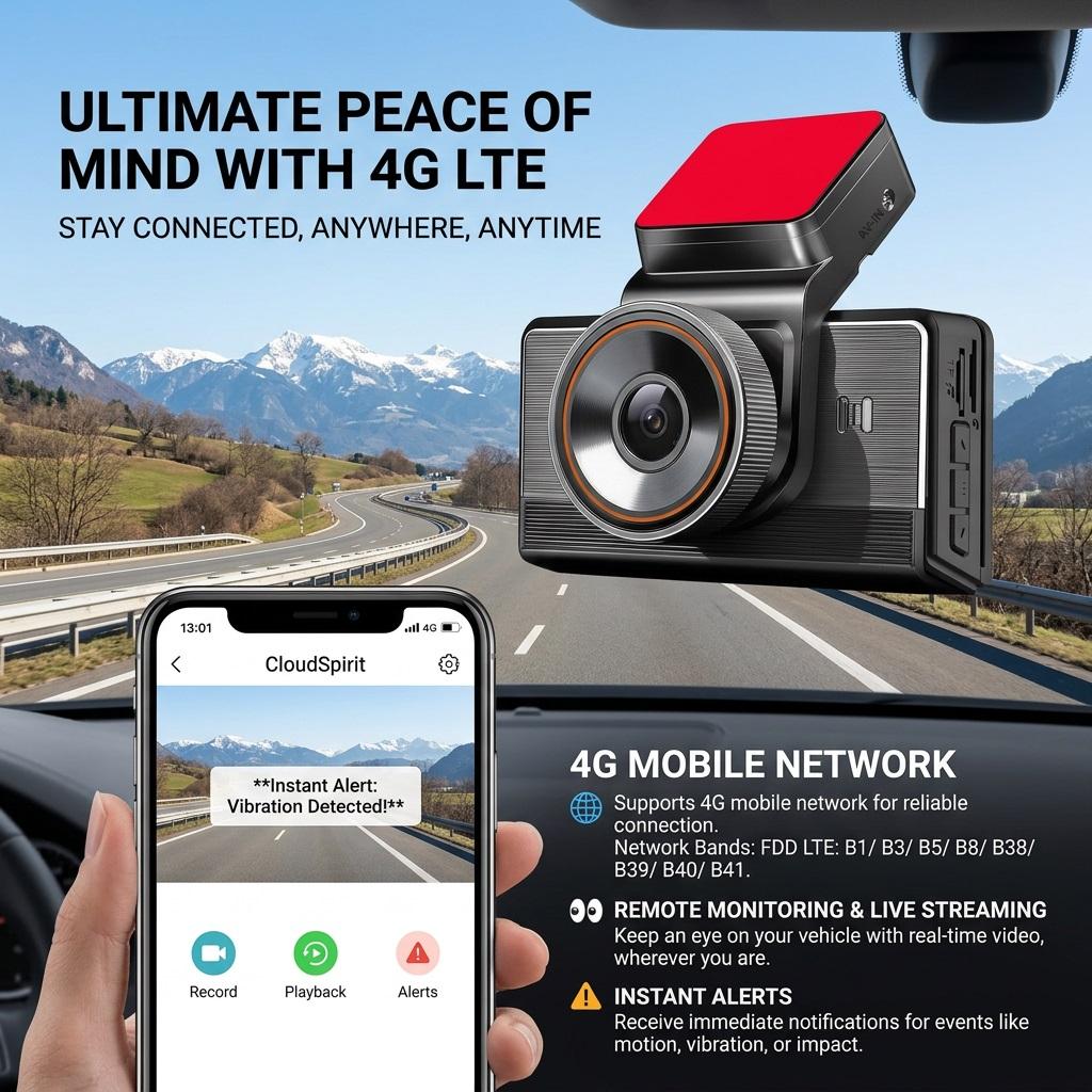 4G 2K Dual-Lens Dash Cam, 3-Inch Screen, WiFi, GPS Tracking, Remote Live Video Via Phone, 12-24V Power Supply, Car Camera