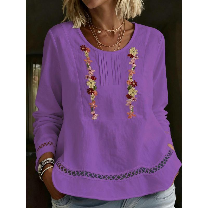 2025 Women's Long Sleeve Lace Patchwork Casual Shirt - Elegant Solid Color