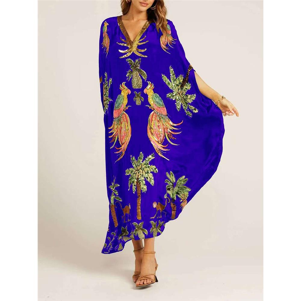 Women's Bat Sleeve V-neck Print Loose Long Classic Retro Dress Clothes Sale