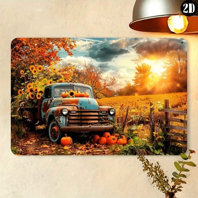 Vintage Pumpkin Sunflower Metal Wall Art Poster for Living Room