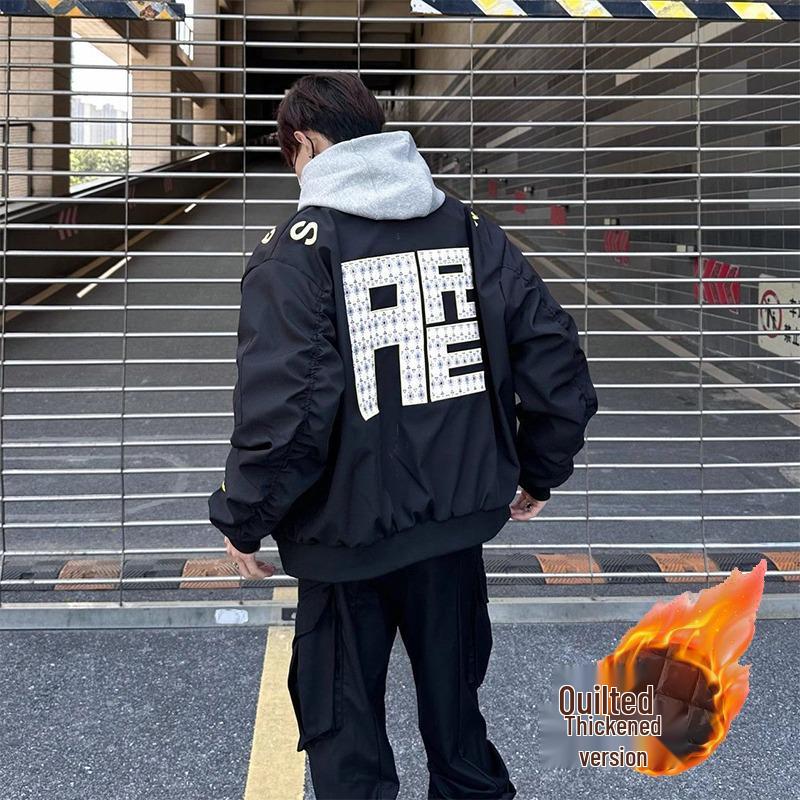Unisex Winter Street Style Embroidered Bomber Jacket with Stand Collar