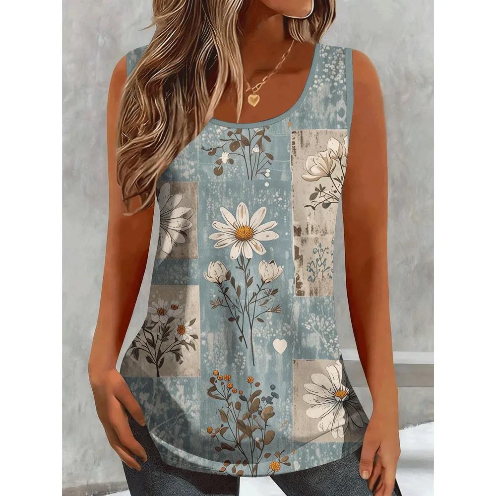 Fashion Women's Flower Printed T-Shirt Casual Loose Sleeveless Top Comfortable Camis Tank Tops