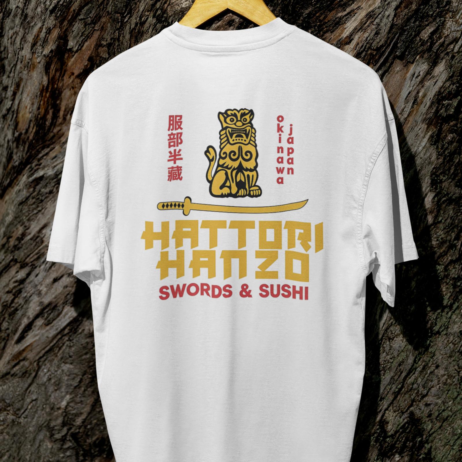 Hattori Hanzo Swords & Sushi T-Shirt Samurai Japanese Graphic Unisex Back Print S
