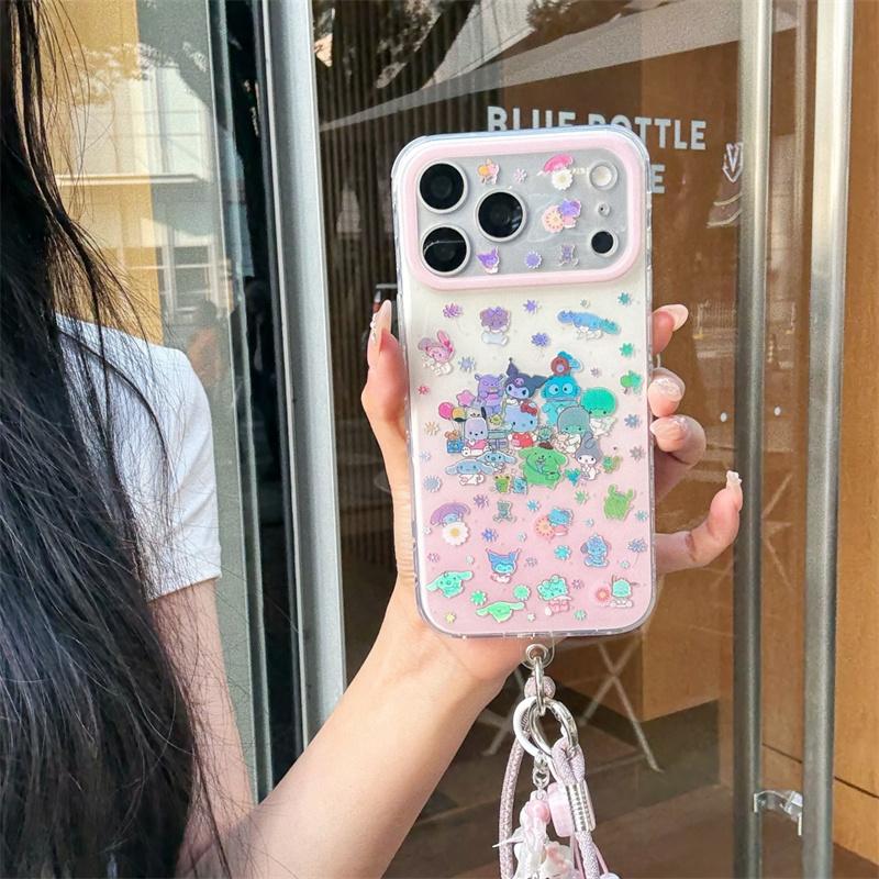 Matching Hello Kitty Charm Wrist Strap Print Phone Case For iPhone 15 16 17 Pro Max INS Cute Sweet Style Large Window Shockproof