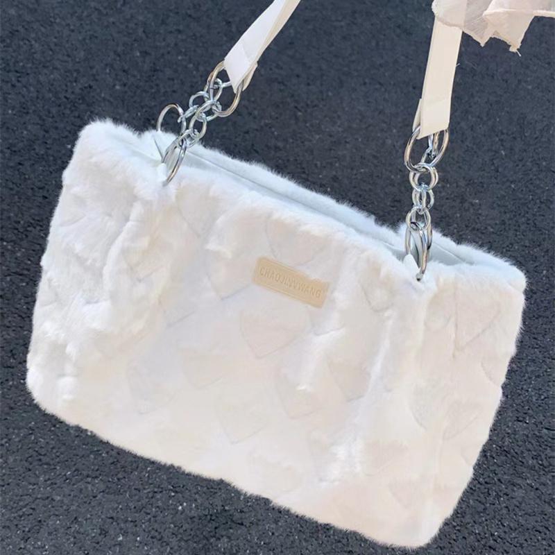 Sweet Love Heart Purse Women's Furry Tote Bags Winter Fashion Ladies Faux Fur Handbags Elegant Female Soft Plush Shoulder Bag
