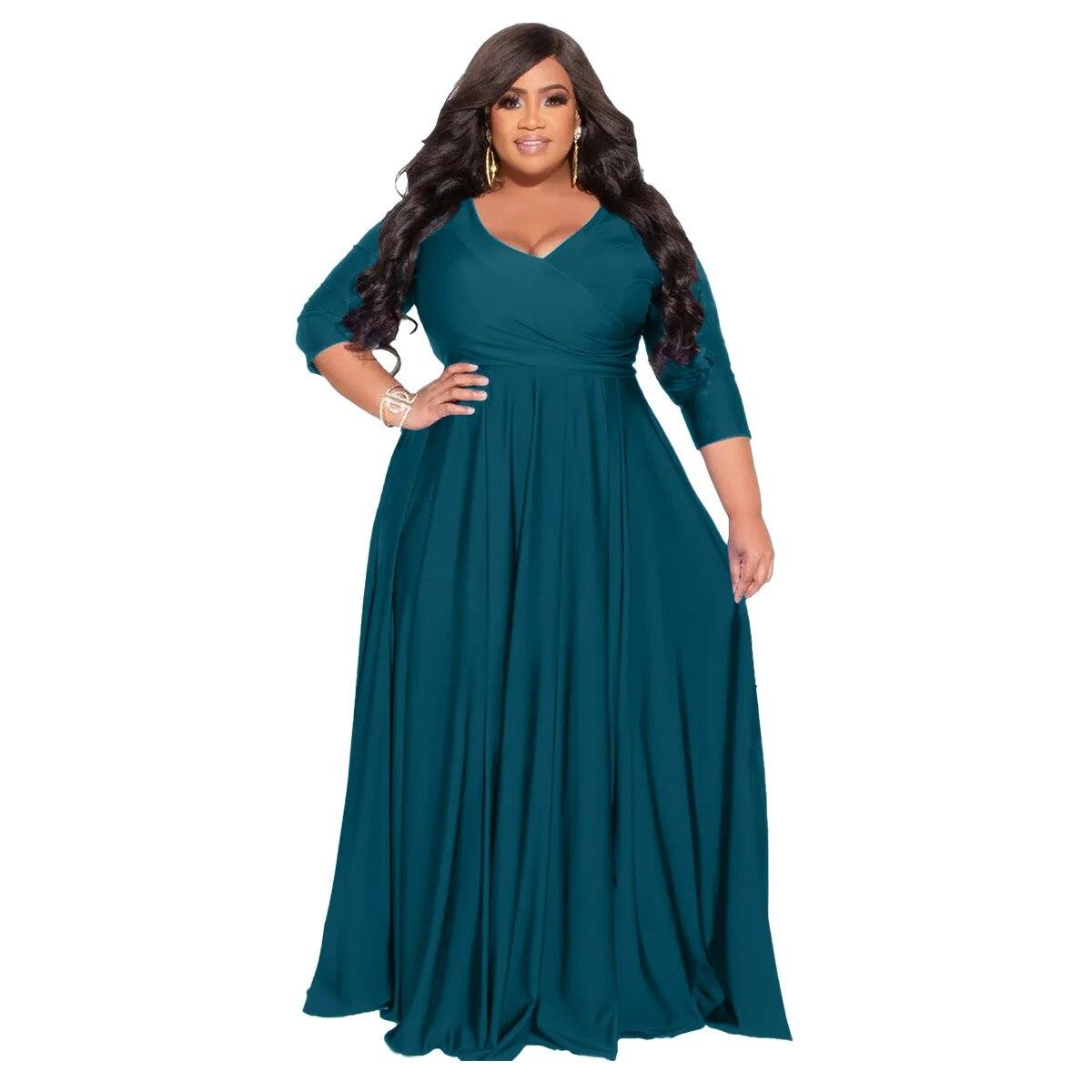 

Vintage Solid Party One Piece Dress Women Plus Size V-Neck Elegant Pleated Maxi Dress Female Fashion Design Casual Office Dresses 2026 L зелёный