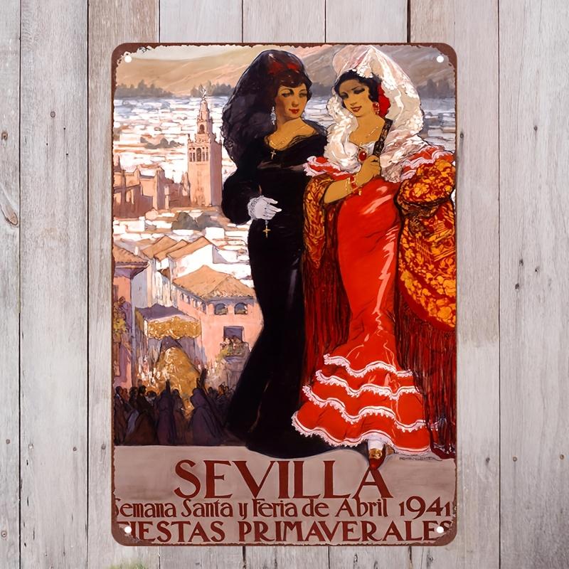 Vintage Seville April Fair Travel Poster Frameless Iron Sign Anime Theme for Home Garage Bar Man Cave Garden Decor Per 20x30cm(7.8x11.8inch)