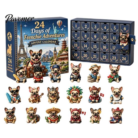Pet Themed Holiday Gifts French Bulldog Advent Calendar, 24-Day Christmas Countdown Acrylic Ornament, Collectible Decorative Frenchie Charms Figurine