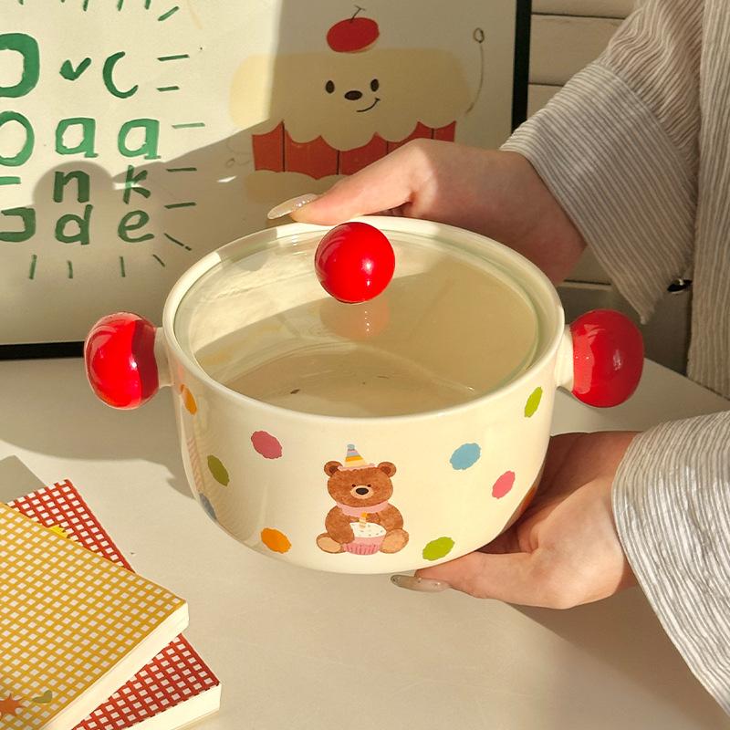 Ins Cream Wind Cute Cartoon Ceramic Binaural Instant Noodle Bowl Snail Powder Bowl Noodle Bowl Soup Bowl with Lid