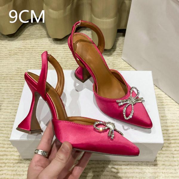 Fashion Pointed Middle And Back Empty Silk Sandals Women'S Net Red With Crystal Bow Stiletto Heels