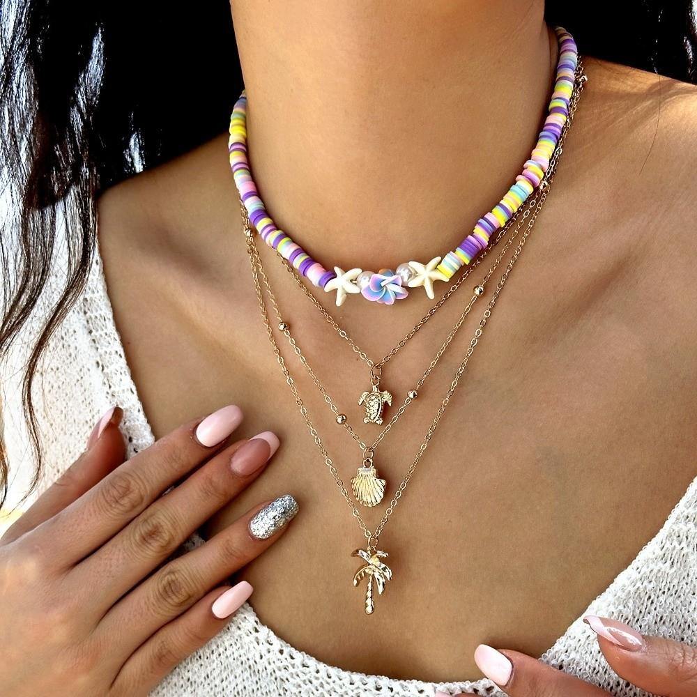 Multi-layer Boho Choker Jewelry Starfish Ocean Shell Bead Necklace Collarbone Chain  Female Fashion